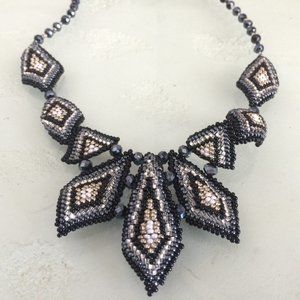 Czech Bead Multi Triangle Necklace Black, Grey 20"